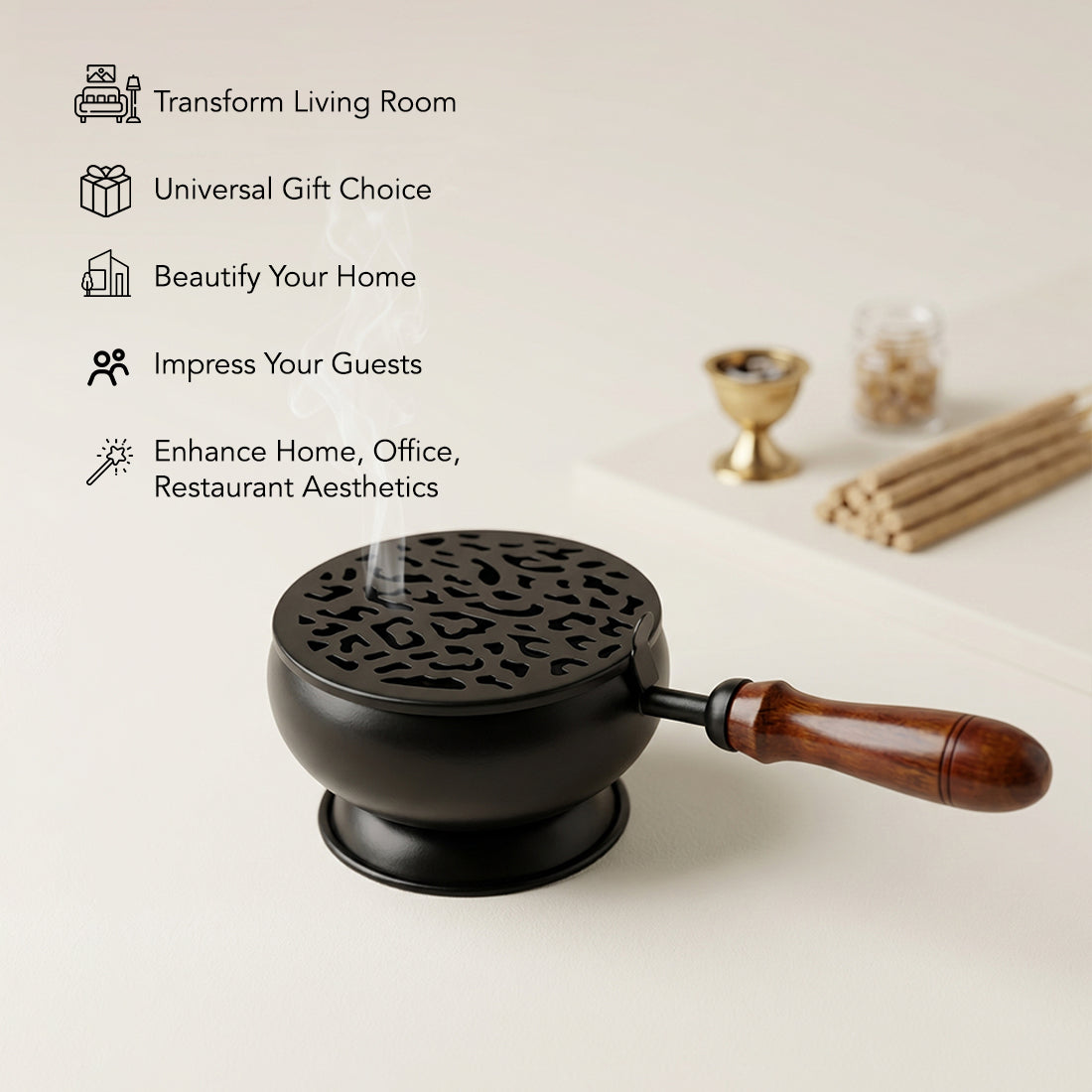 Metal Dhoop Dani with Wooden Handle for Pooja, Meditation & Home Temple Rituals