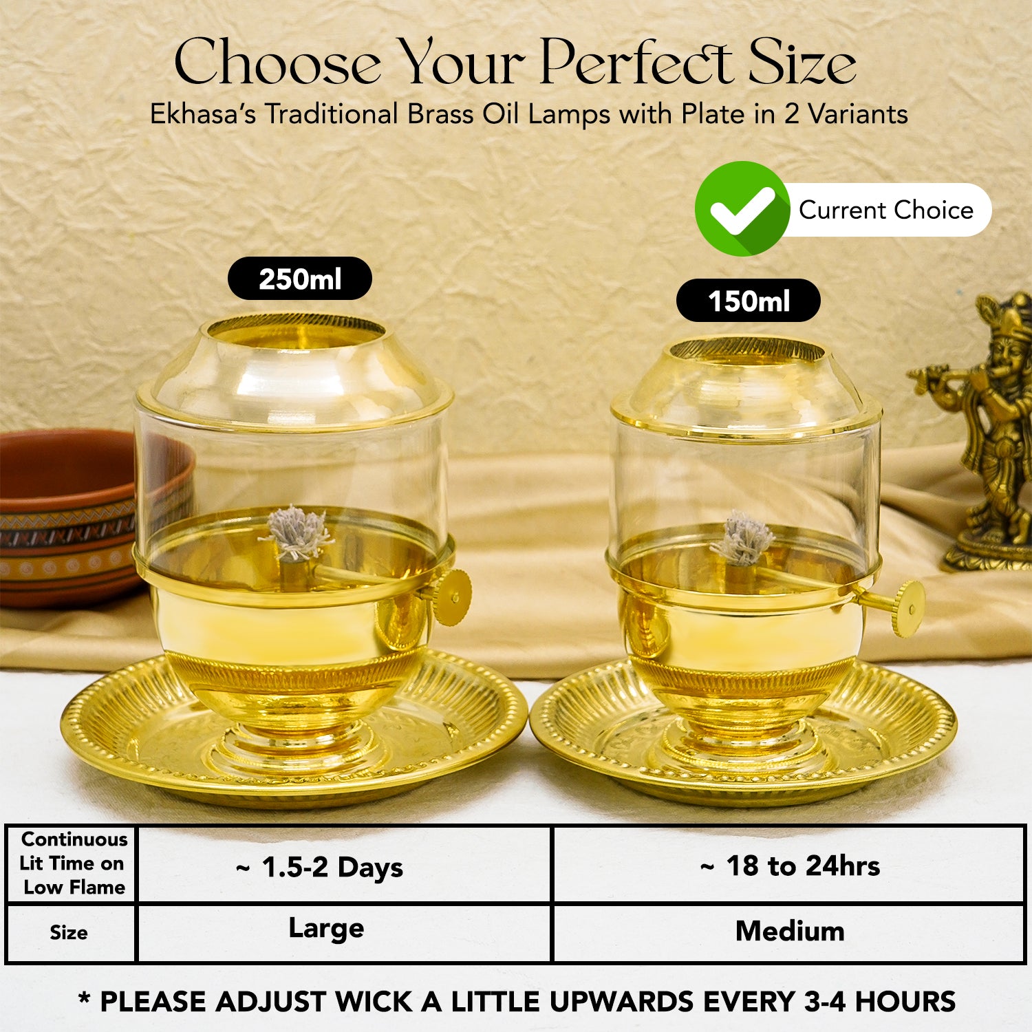 Brass Akhand Jyot Diya with Plate Adjustable Bati Knob & Glass Cover for Puja(Medium Size, 150 ml Oil Capacity)