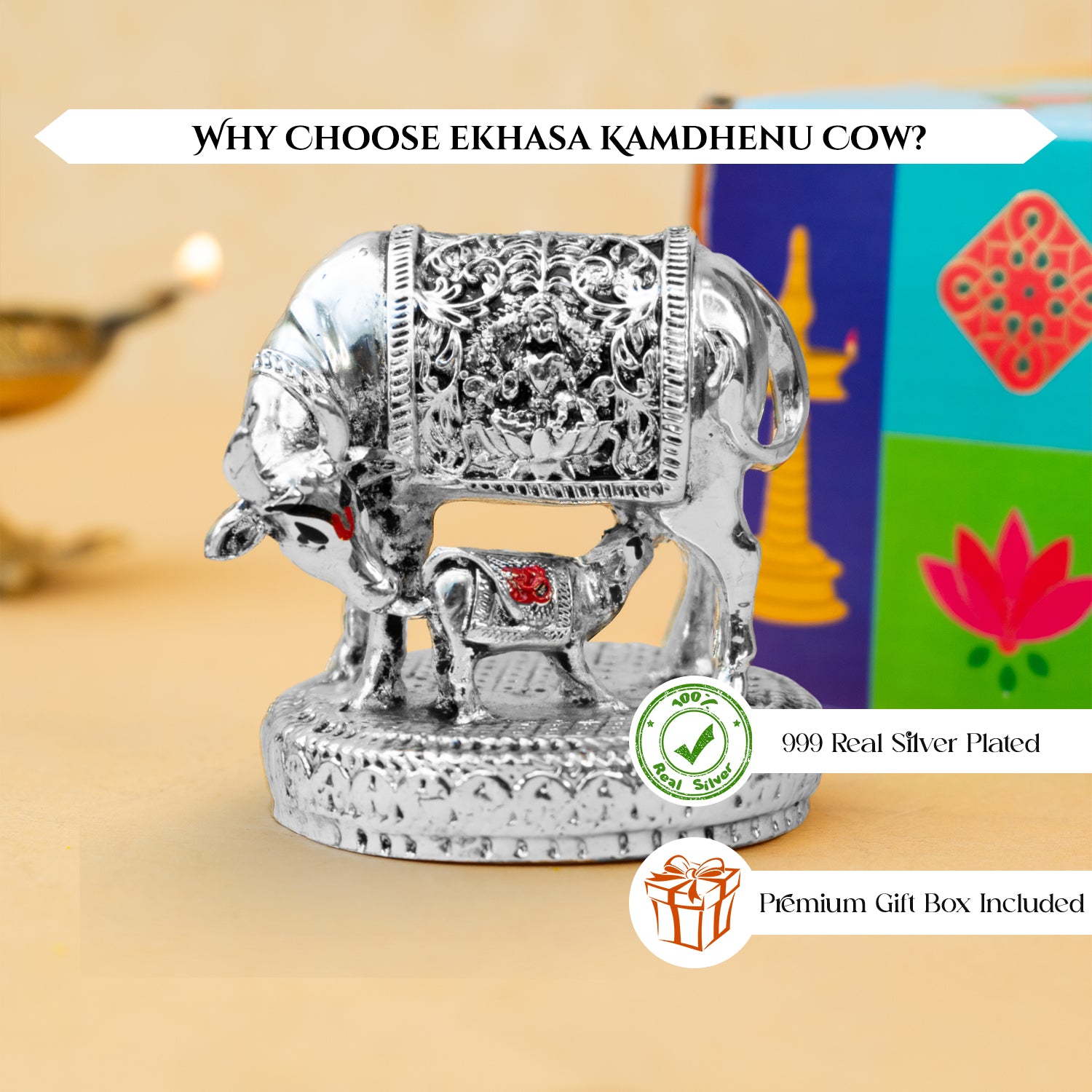 999 Silver Plated Kamdhenu Cow with Calf Idol with Gift Box for Housewarming, Wedding & Gifting