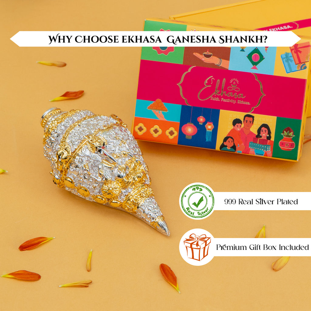 999 Silver Plated Ganesha Shankh with Gift Box for Vastu, Pooja & Gifting for Housewarming, Wedding