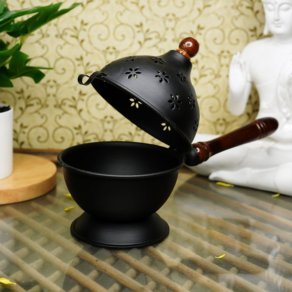 Metal Dhoop Dani with Wooden Holder for Pooja & Home Decor