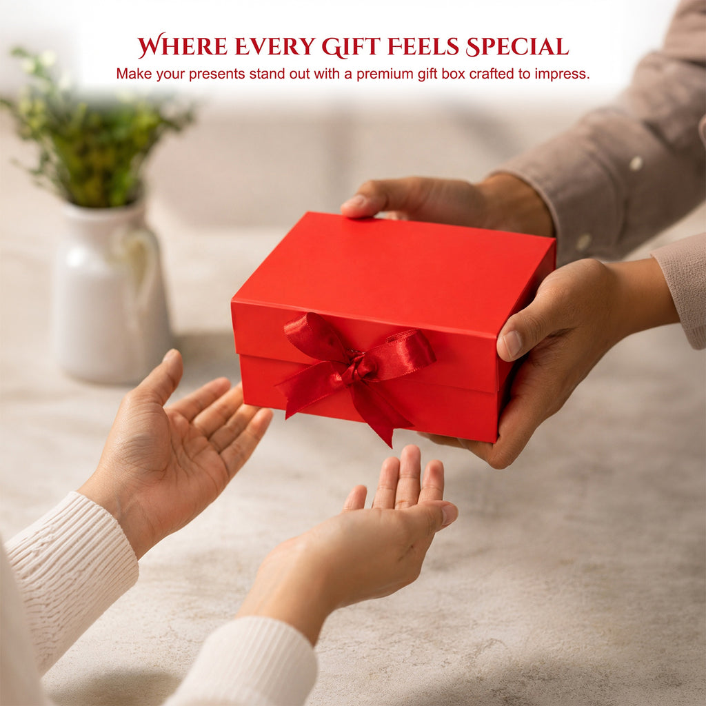 Red Foldable Multipurpose Empty Gift Hamper Box with Magnetic Closure & Ribbon (21.5 x 21 x 9.5 cm)