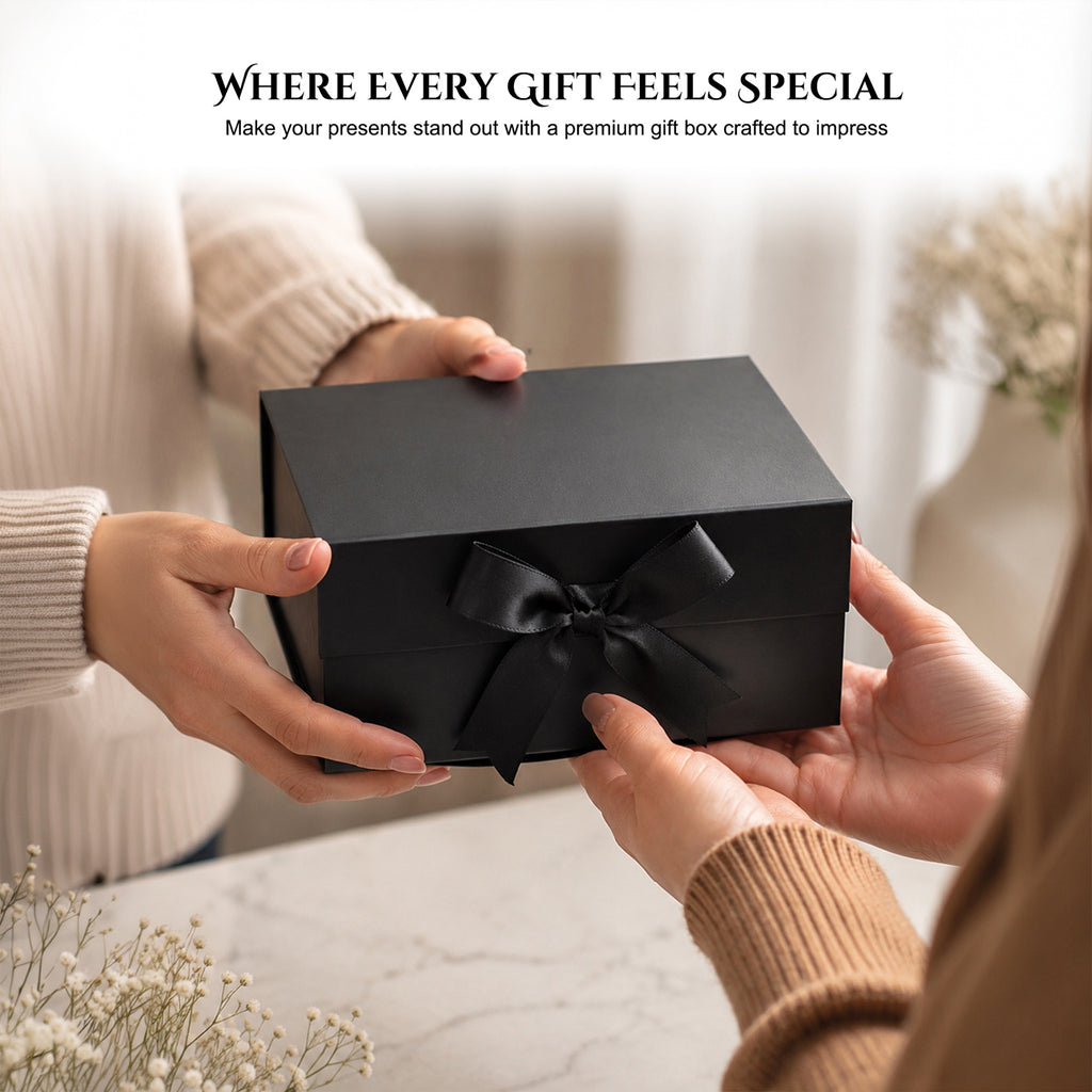 Black Foldable Multipurpose Empty Gift Hamper Box with Magnetic Closure & Ribbon (21.5 x 21 x 9.5 cm)