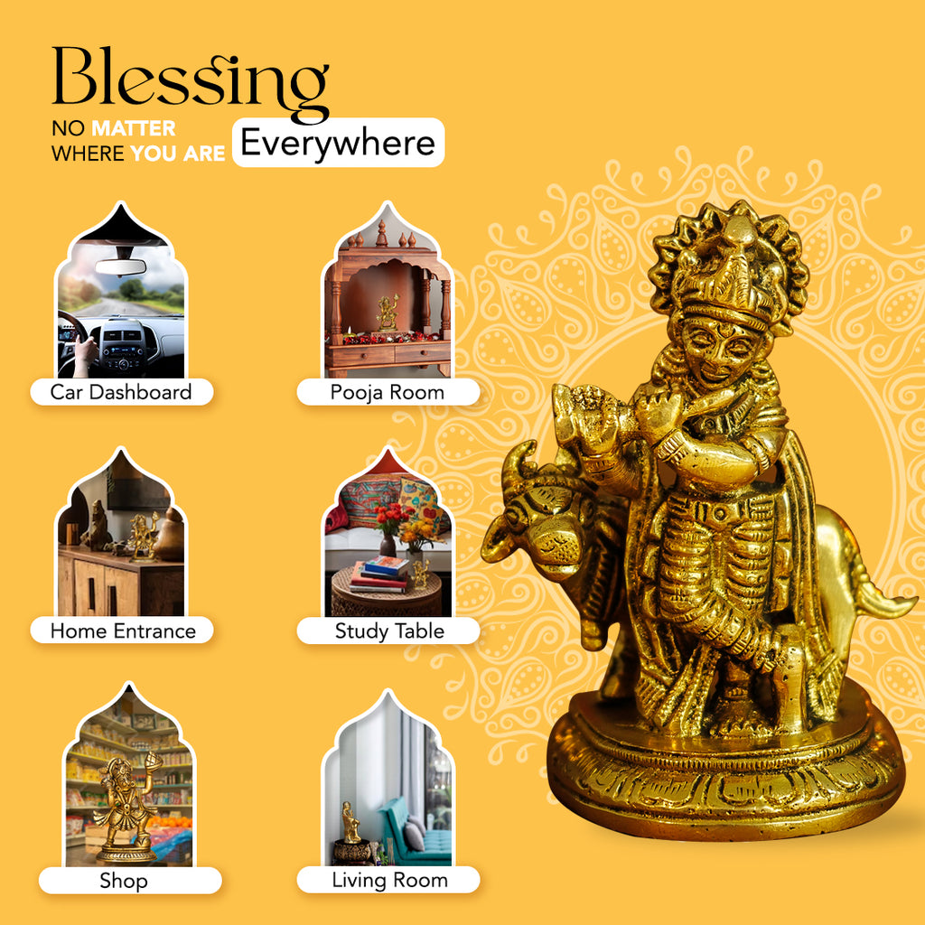 Pure Brass Lord Krishna Idol for Home Decor, Office Decor & Gifting