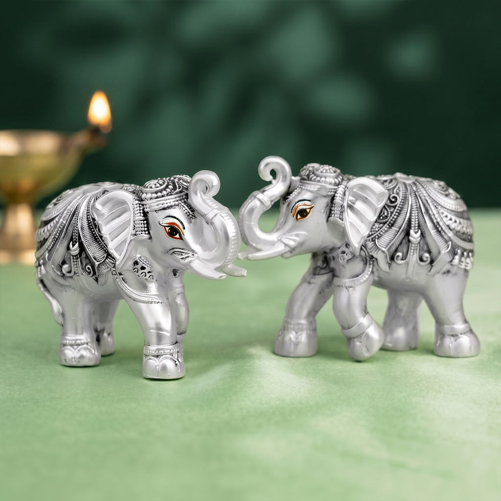 999 Silver Plated Elephant Pair with Green Velvet Gift Box for Vastu, Housewarming & Wedding Gift