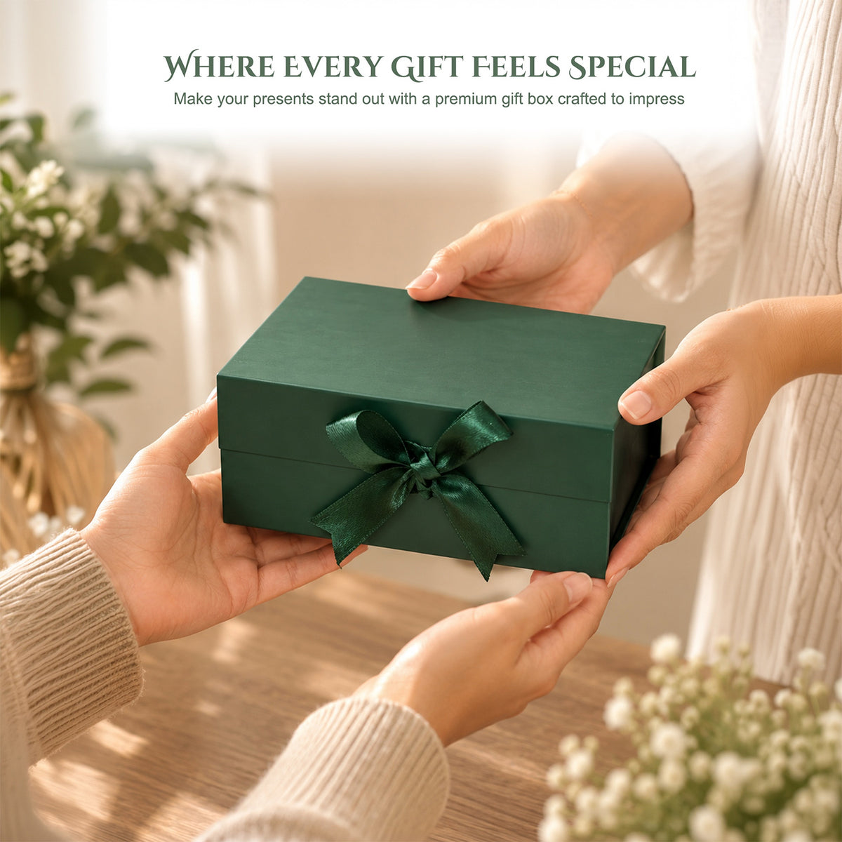 Green Foldable Multipurpose Empty Gift Hamper Box with Magnetic Closure & Ribbon (21.5 x 21 x 9.5 cm)