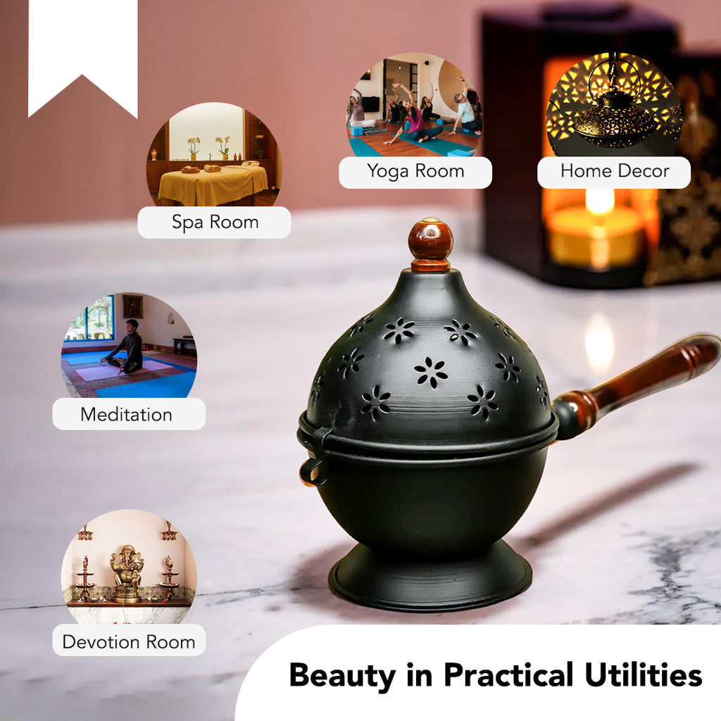 Metal Dhoop Dani with Wooden Holder for Pooja & Home Decor