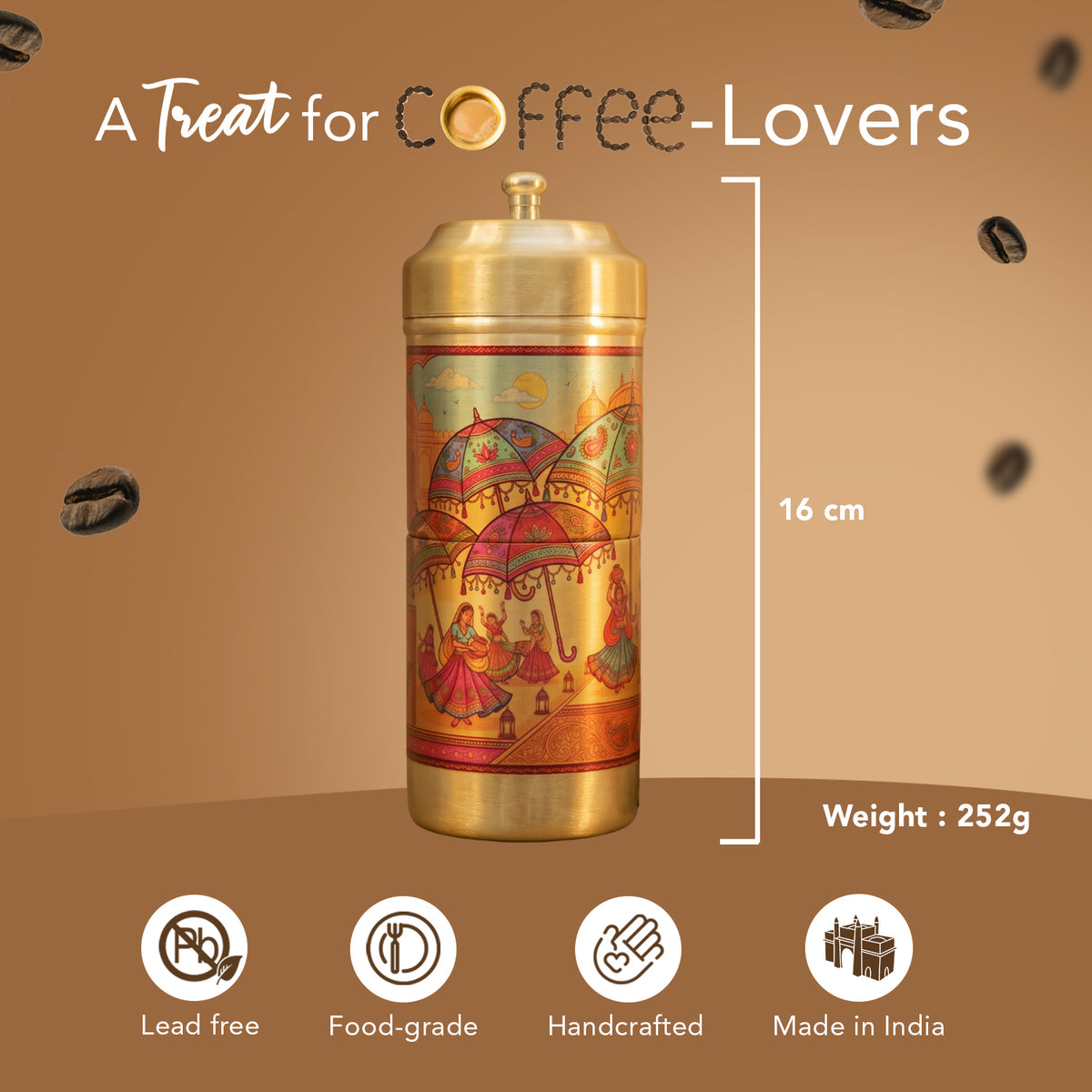 Brass Traditional Printed Filter Coffee Maker for Housewarming, Wedding & Gifting