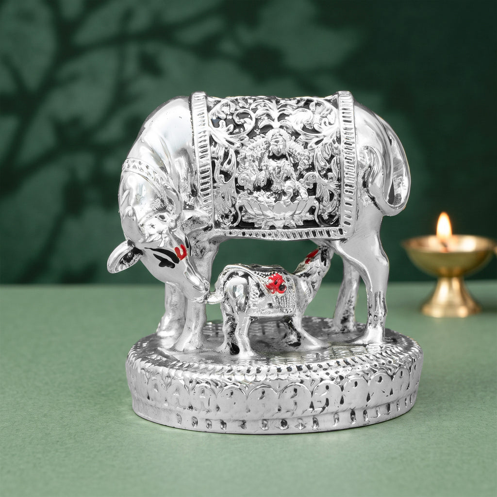 999 Silver Plated Kamdhenu Cow with Calf with Green Velvet Gift Box for Vastu, Housewarming & Wedding Gift