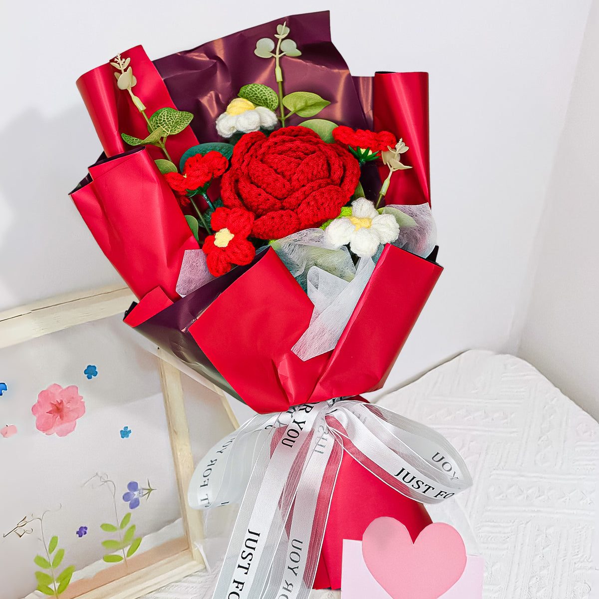 Red Rose Crochet Flower Bouquet for Home Decor & Gifting