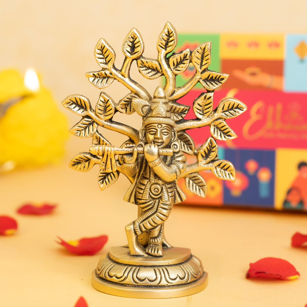 Brass Lord Krishna Idol with Kalpavriksha Tree & Flute Gift Box for Housewarming, Wedding & Gifting