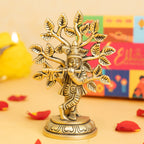 Brass Lord Krishna Idol with Kalpavriksha Tree & Flute Gift Box for Housewarming, Wedding & Gifting