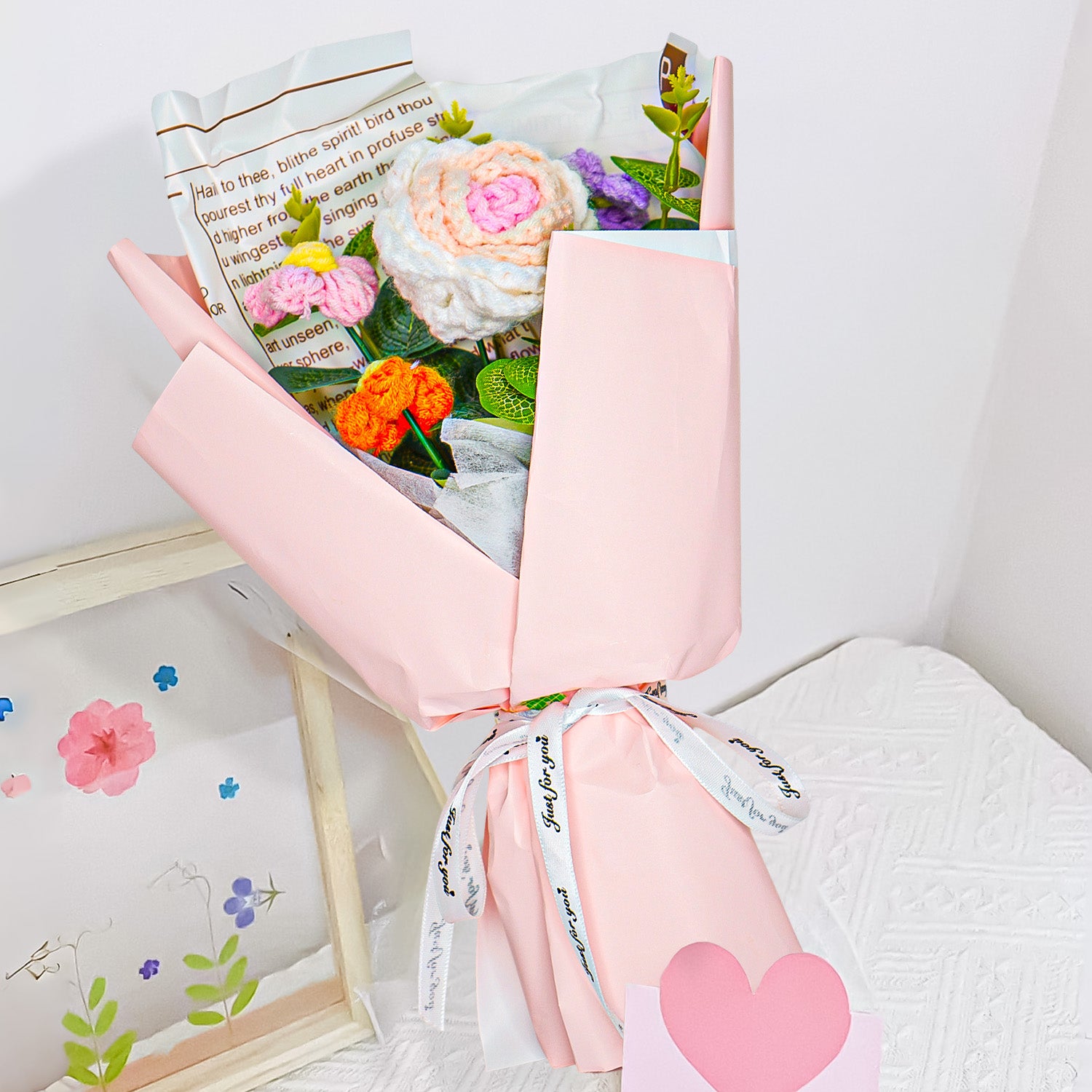 Pink & White Rose Crochet Flower Bouquet for Home Decor & Gifting