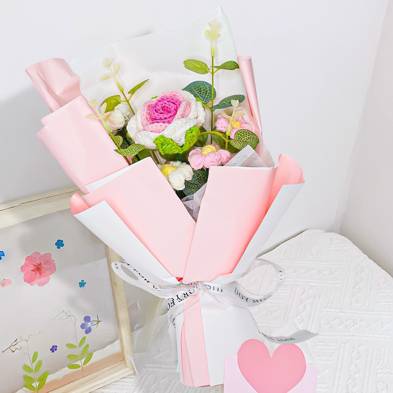 Pink & White Rose Crochet Flower Bouquet for Home Decor & Gifting