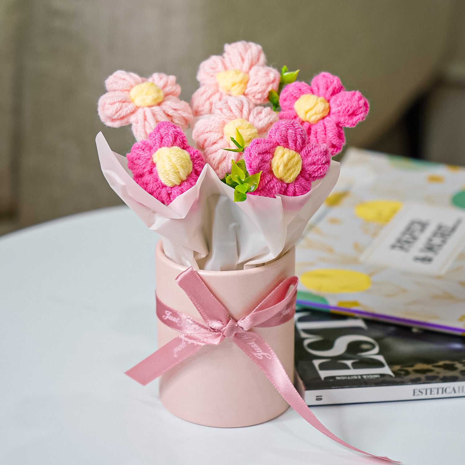 Pink Cherry Blossom Crochet Flowers Bouquet for Home Decor & Gifting