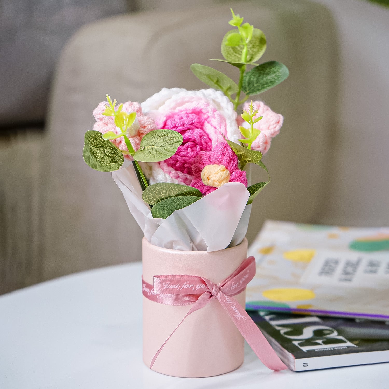 Pink & White Crochet Flowers Bouquet for Home Decor & Gifting