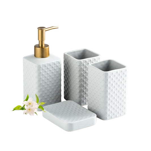 Ekhasa Ceramic Bathroom Accessories Set of 4 | includes Ceramic Liquid Handwash Soap Dispenser, Toothbrush Holder for Wash Basin, Soap Dish, Tumbler | Soap Dispenser Set for Bathroom | Gift for Home