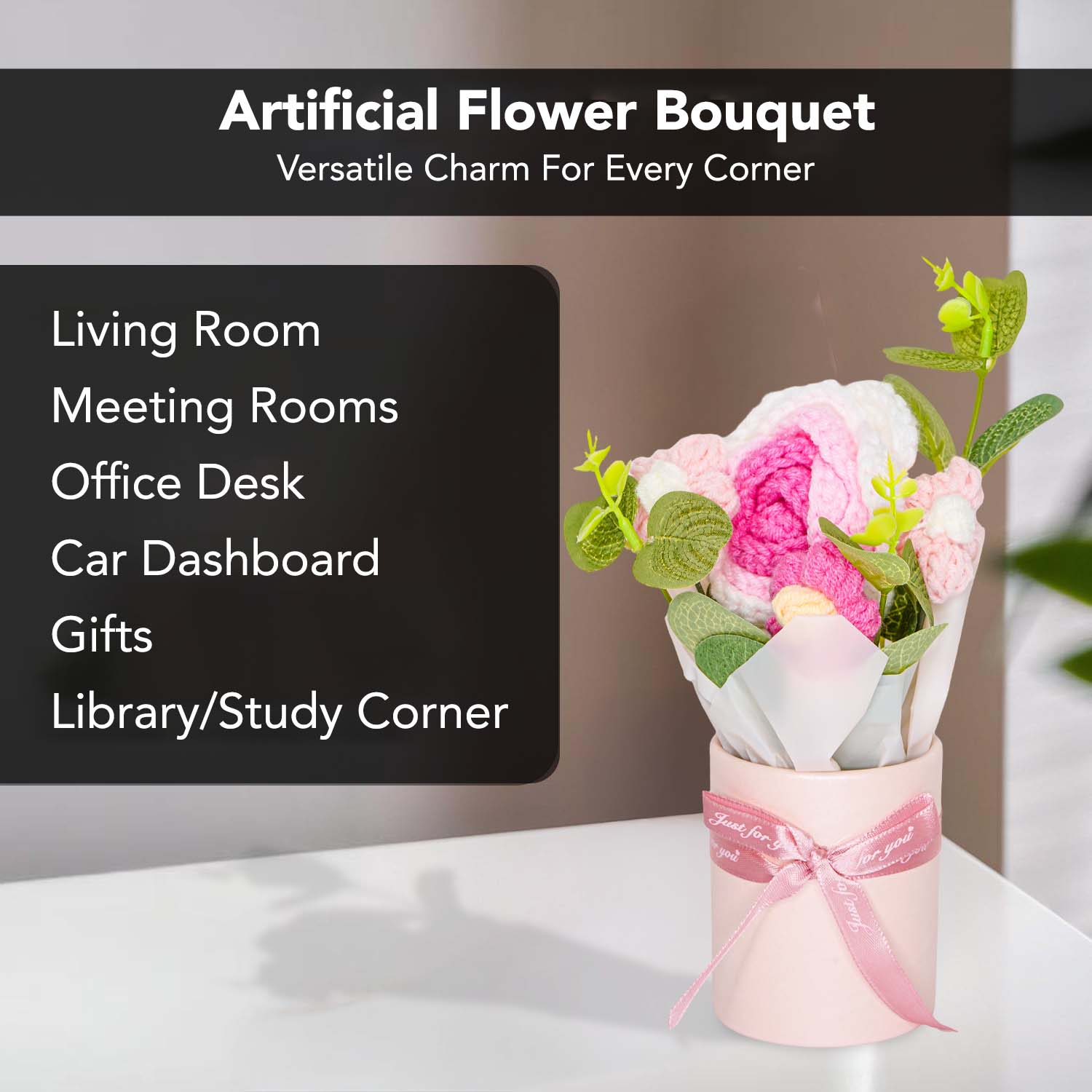 Pink & White Crochet Flowers Bouquet for Home Decor & Gifting