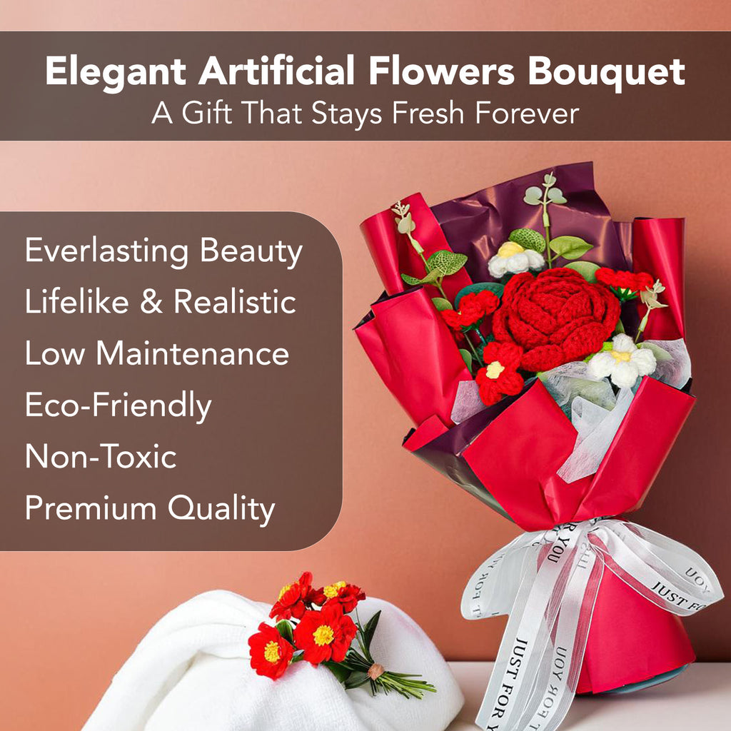 Red Rose Crochet Flower Bouquet for Home Decor & Gifting