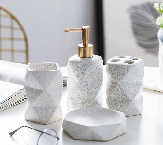 Ekhasa Ceramic Bathroom Accessories Set of 4 | includes Ceramic Liquid Handwash Soap Dispenser, Toothbrush Holder for Wash Basin, Soap Dish, Tumbler | Soap Dispenser Set for Bathroom | Gift for Home