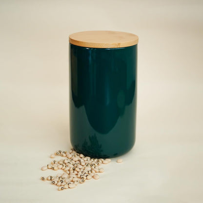 Ekhasa Ceramic Jar with Bamboo Lid for Multipurpose Kitchen Storage (1000ml, Green) | Airtight Storage Jar for Kitchen | Tea, Coffee, Sugar, Snacks, Salt Container | Pickle Storage Barni