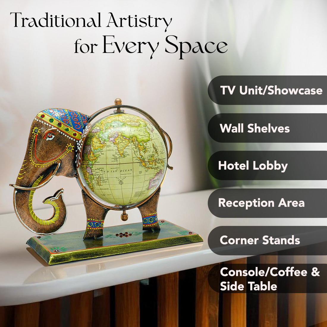 Metal Elephant Globe Showpiece for Office Desk & Home Decor
