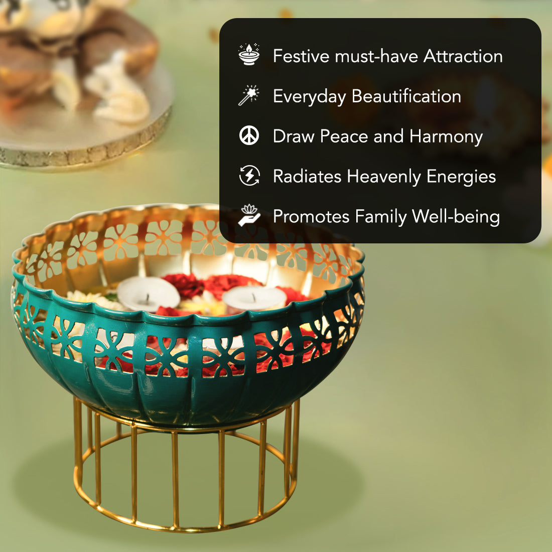 Metal Urli Bowl with Stand for Home Decor, Table Decor, Diwali Decoration & Gifting