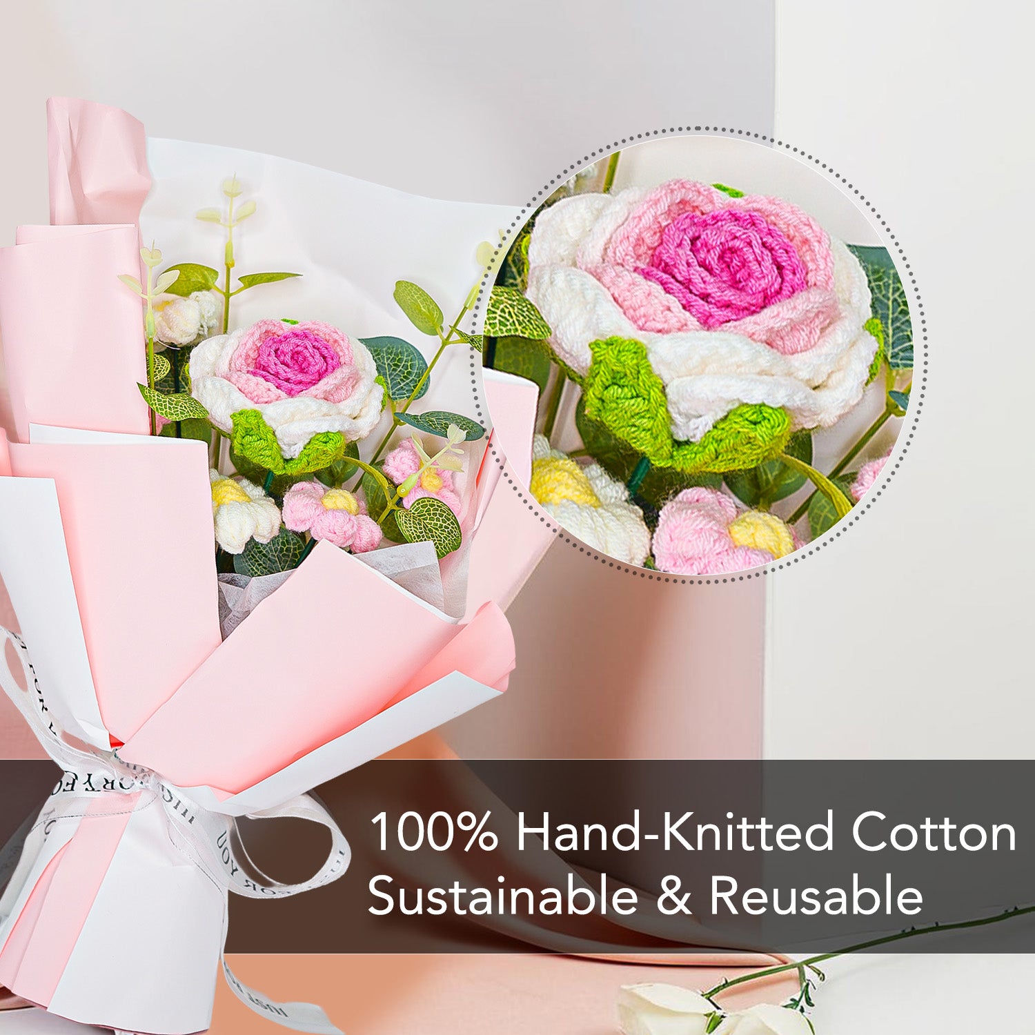 Pink & White Rose Crochet Flower Bouquet for Home Decor & Gifting