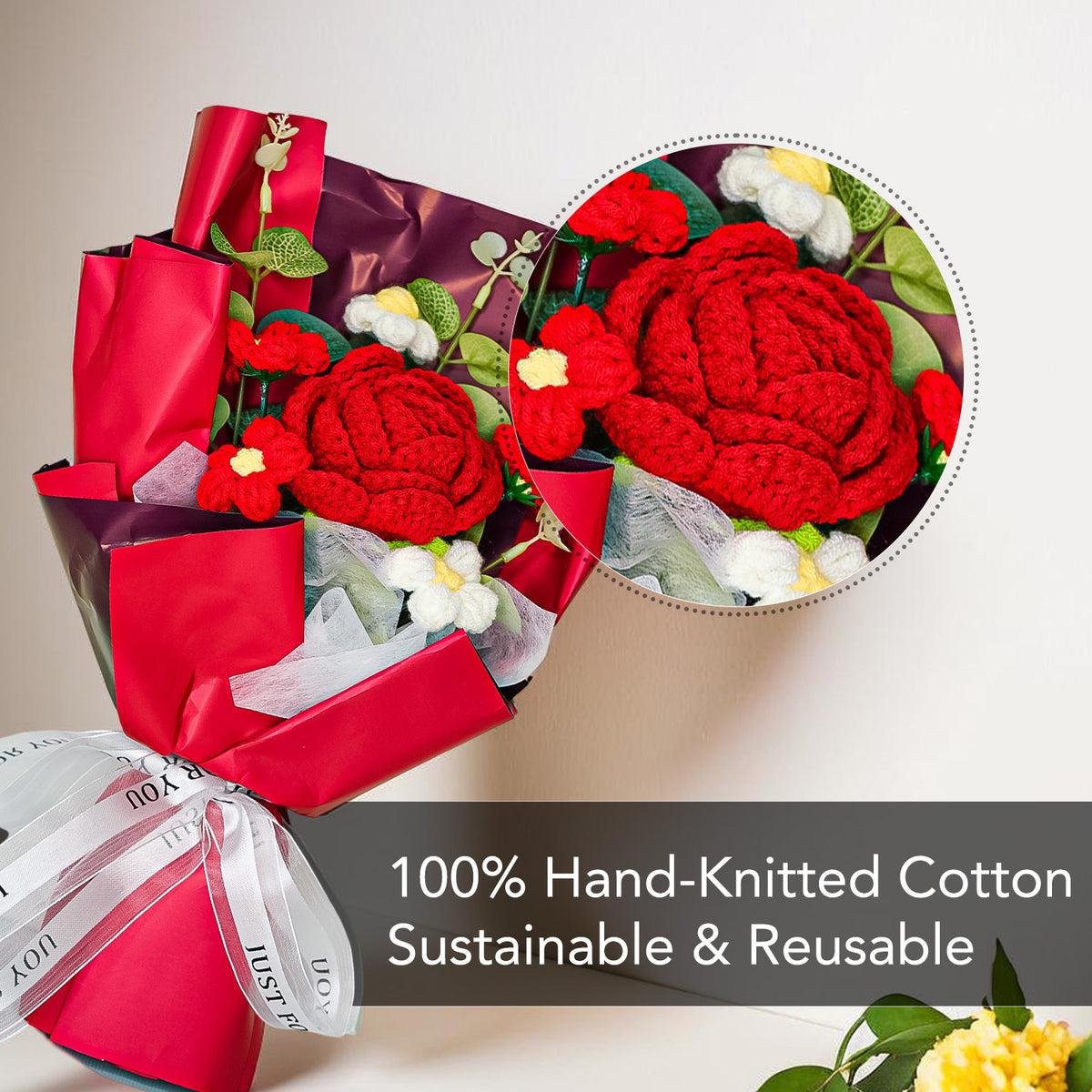 Red Rose Crochet Flower Bouquet for Home Decor & Gifting