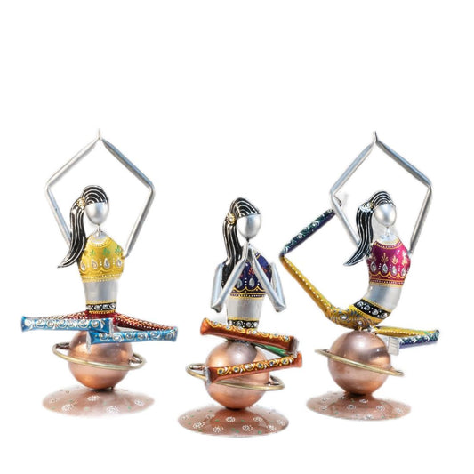 EKHASA Metal Show Pieces for Home Decor | Gift Items for Showcase, TV Unit Decoration | Statue, Figurine, Artifacts for Table, Living Room Decorative Items (Yoga Ladies-Set of 3)