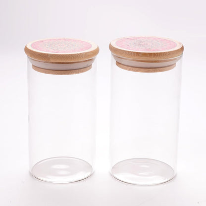 Ekhasa Airtight 100% Borosilicate Glass Jars with Printed Bamboo Lid (Set of 2, 300ml) | Glass Container for Kitchen Storage | Kitchen Containers Set Glass | Air Tight Glass Jar with Wooden Lid
