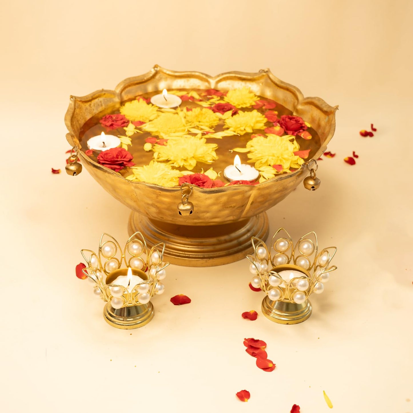 Ekhasa Urli Bowl for Home Decor & Table Decoration | Floating Flowers, Tealight Candles Water Bowl for Diwali Pooja & Festivals | Gift for House Warming Ceremony (Tealight, Urli Combo)
