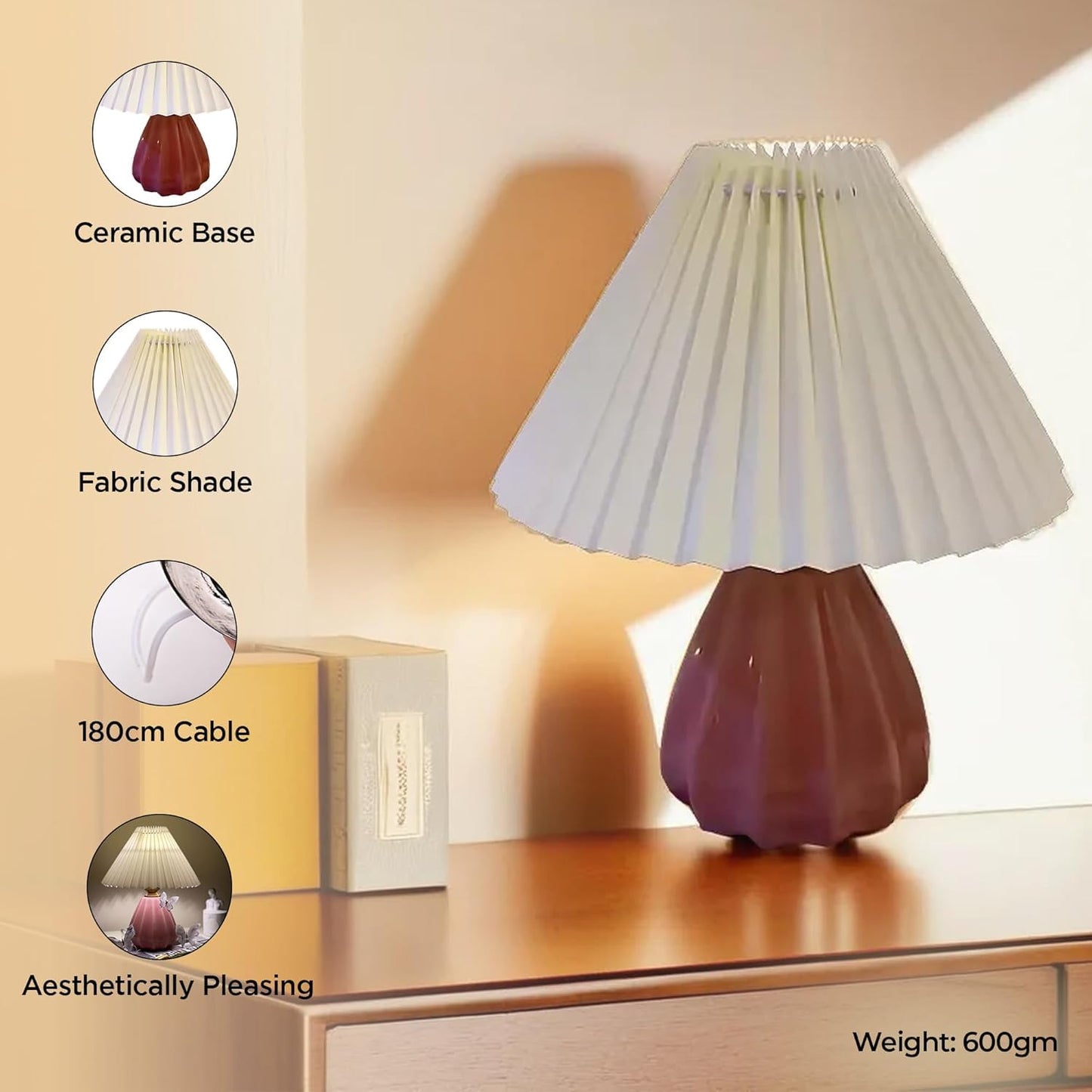 Ekhasa Ceramic Dimmable Bedside Lamp | Table Lamps for Home Decoration with Fabric Shade | Ceramic Base Side Table Lamp for Living Room | Bed Side Lamp | Aesthetic Night Bed Lamps for Bedroom