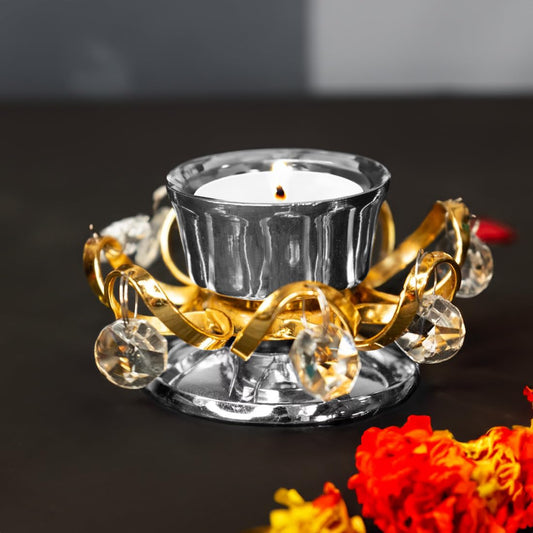 Ekhasa 100% Pure Brass Crystal Tealight Candle Holder for Home Decor | Perfect Candle Stand for Diwali Decoration and Pooja Room | Indoor & Outdoor, Festival Decorative Candles Gift Items