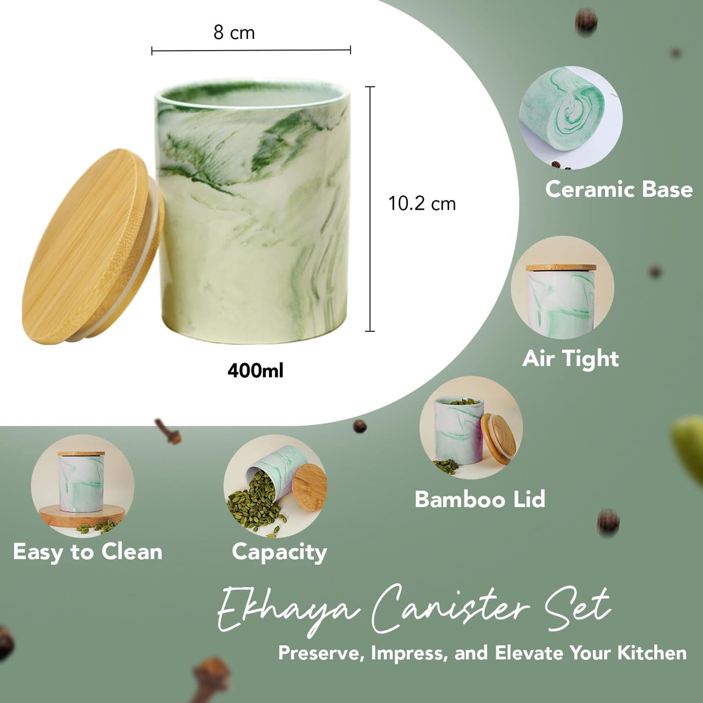 Ekhasa Ceramic Jar with Bamboo Lid for Multipurpose Kitchen Storage (400ml, Green) | Airtight Container Storage Jar for Kitchen | Tea, Coffee, Sugar, Snacks, Salt Container | Pickle Barni