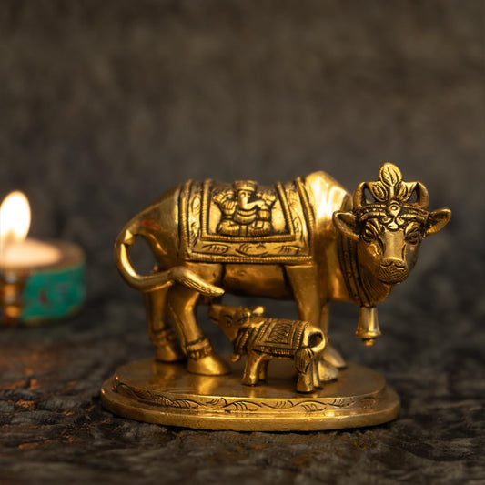 Ekhasa 100% Pure Brass Kamdhenu Cow with Calf Vastu Idol | Komatha Cow with Calf Statue for Pooja | Kamdhenu Cow and Calf Statue Idols for Home Decor, Vastu, Feng Shui and Pooja Room