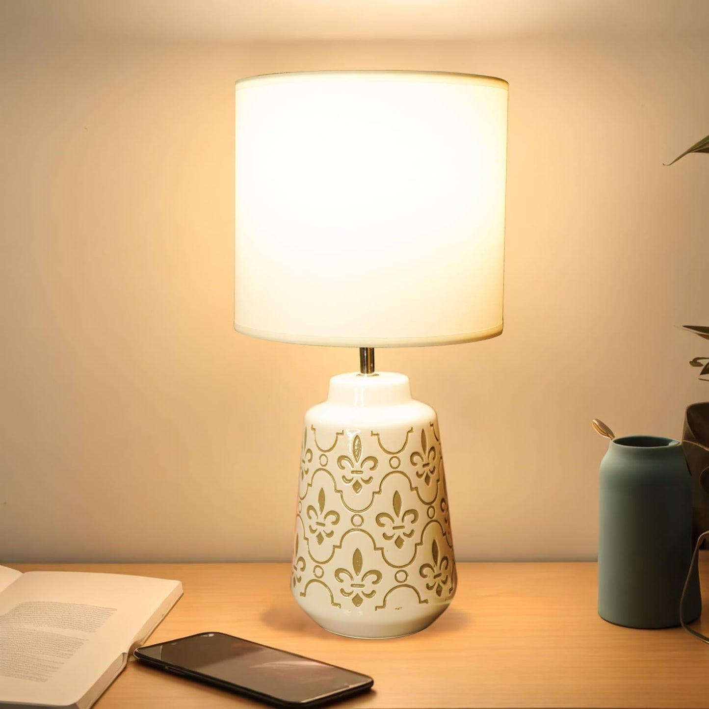 Ekhasa Ceramic Side Table Lamp for Bedroom | Bedside Night Lamps | Decorative Aesthetic Table Lamp for Living Room & Home Decoration | Cute Small Beautiful Bed Side Reading Light Lamp for Room