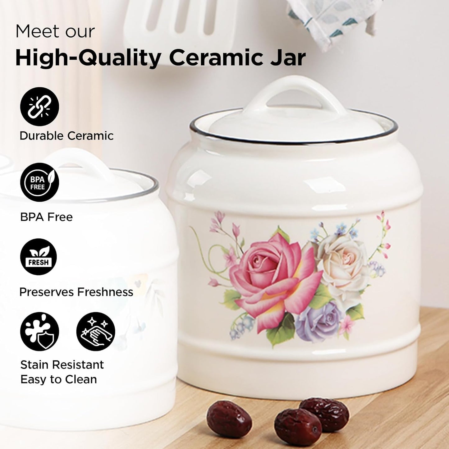 Ekhasa Big Ceramic Jar with Lid for Multipurpose Kitchen Storage (2200 ml, White) | Airtight Container Storage Jar for Kitchen | Tea, Coffee, Sugar, Snacks, Salt Container | Pickle Storage Barni Jars