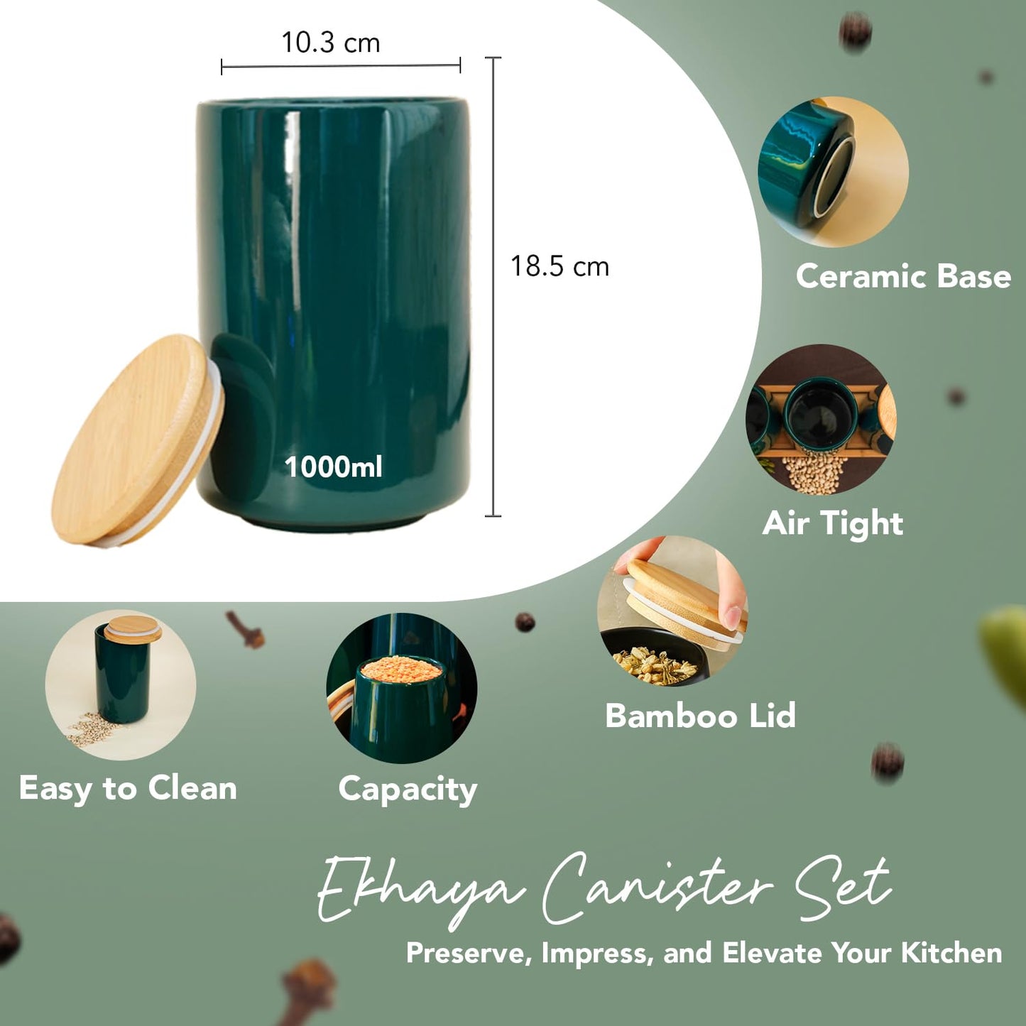 Ekhasa Ceramic Jar with Bamboo Lid for Multipurpose Kitchen Storage (1000ml, Green) | Airtight Storage Jar for Kitchen | Tea, Coffee, Sugar, Snacks, Salt Container | Pickle Storage Barni