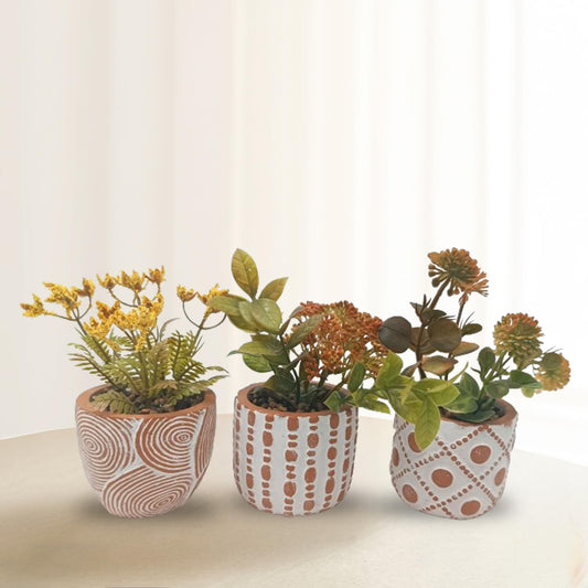 Ekhasa Skimmia Artificial Plants for Home Decor with Pot (12 CM) | Fake Faux False Show Decor Indoor Small Decorative Potted Plant for Living Room, Bathroom, Green Plant for Decoration (Set of 3)