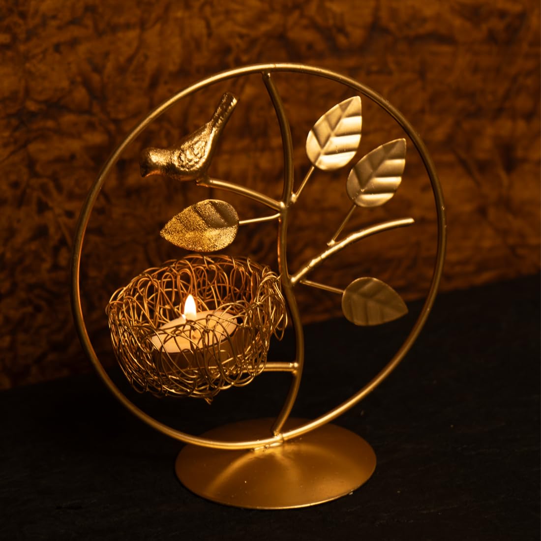 Ekhasa Metal Tealight Candle Holder for Home Decor|Perfect Candle Stand for Diwali Decoration and Table Decor|Indoor & Outdoor, Festival Decorative Candles Gift Items (Bird Nest Tealight), Gold