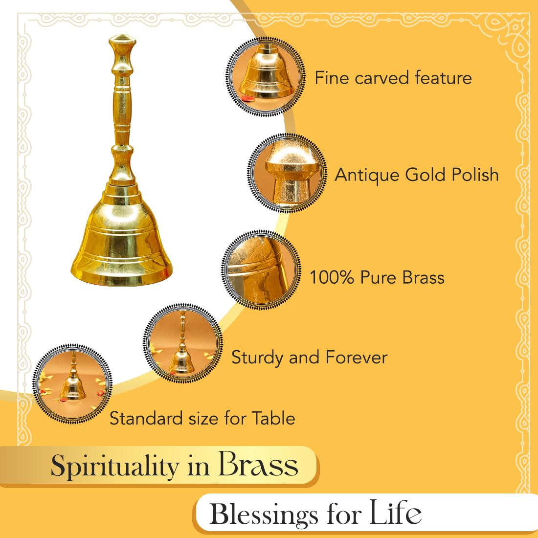 Ekhasa 100% Pure Brass Gol Ghanti for Pooja | Handcrafted Pooja Bell for Mandir | Pooja Ghanti for Home | Mandir Ghanti for Pooja | Ganti for Pooja | Puja Ghanti for Home (Size: 5 inch)