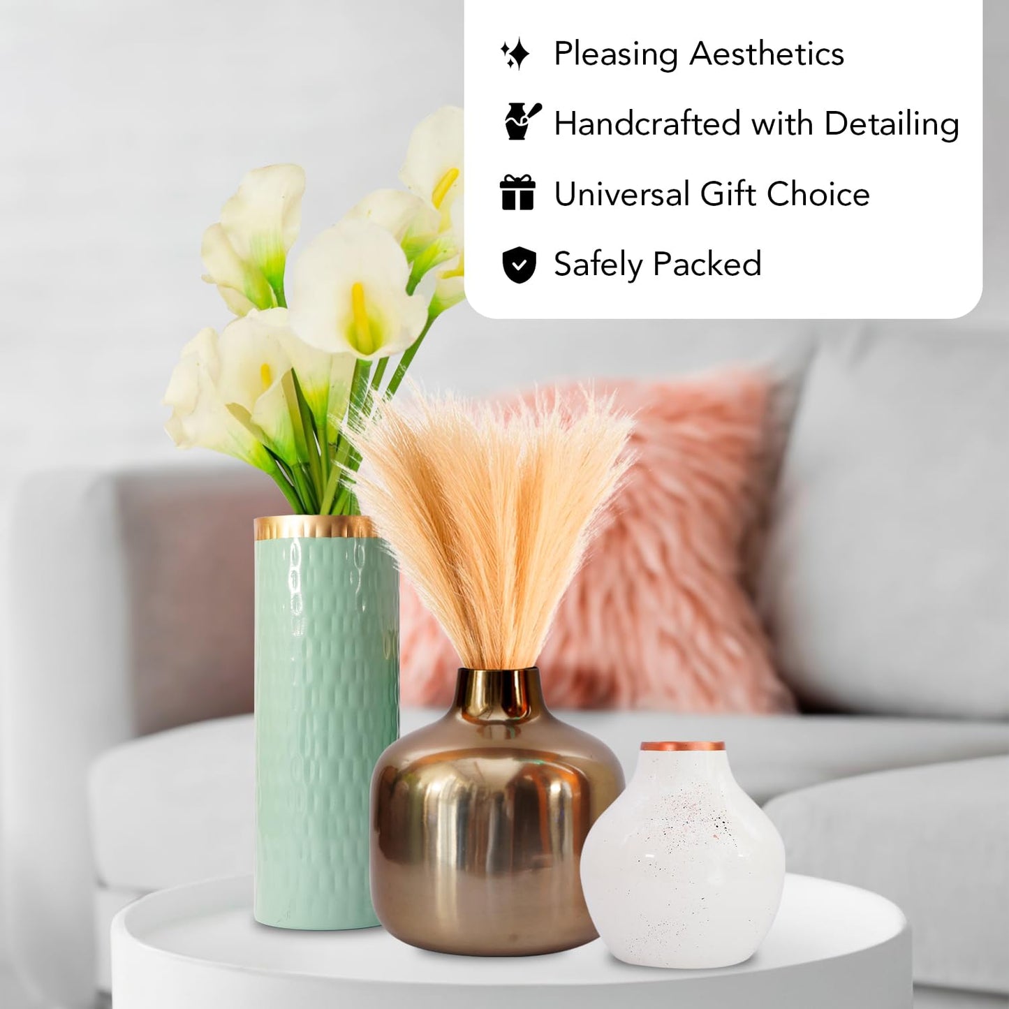 Ekhasa Unbreakable Metallic Blue Flower Vase for Home Decor | Aesthetic Vase Gift for Wedding, Housewarming, Parties | Decorative Metal Vase for Living Room, Dining Table, Office (Set of 2)