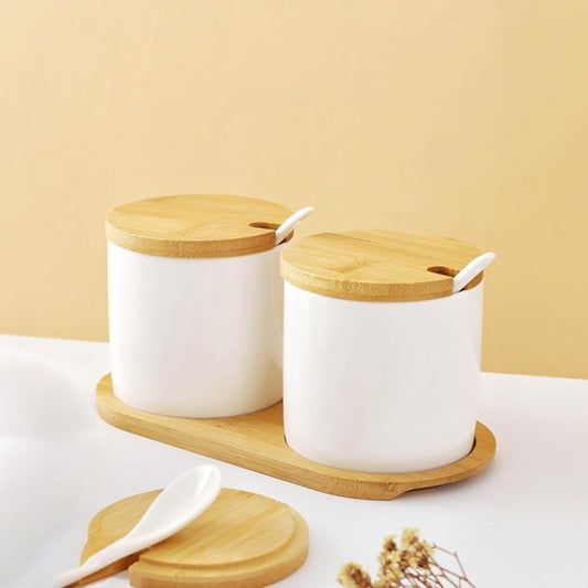 Ekhasa Ceramic Jar With Bamboo Lid, Spoon And Tray For Multipurpose Kitchen Storage (Set Of 2, 250Ml Each) Pickle, Spices, Sauces Storage Jar For Kitchen And Dining Table, White