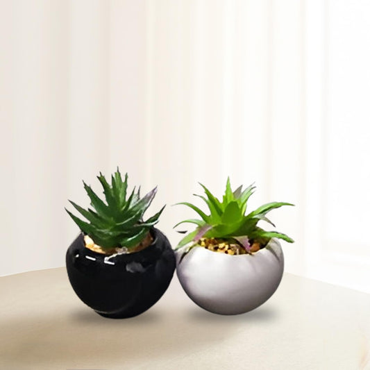 Ekhasa Agave Aloe Artificial Plants for Home Decor with Pot (8 CM) | Fake Faux False Show Decor Indoor Plastic Small Decorative Potted Plant for Living Room, Green Plants for Decoration (Set of 2)