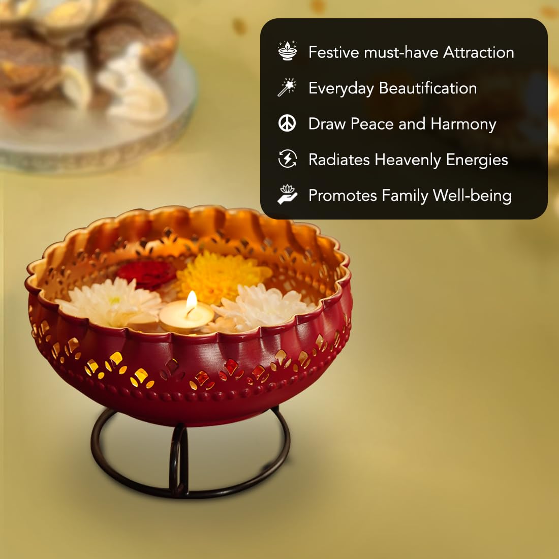 Ekhasa Maroon Urli Bowl with Stand for Home Decor & Table Decoration | Floating Flowers, Tealight Candles Water Bowl for Diwali Pooja and Other Festivals | Gift for Various Occasions