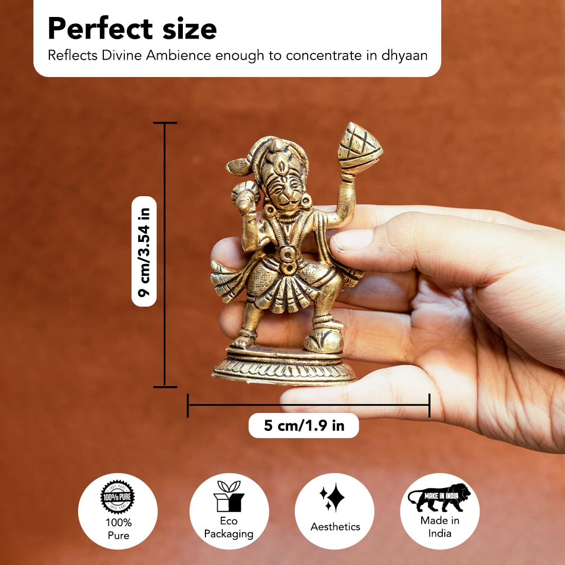 Ekhasa 100% Pure Brass Hanuman Ji Murti for Home Puja (Size: 8.4 cm) | Lord Hanuman Idol for Desk, Car and Home Decor | Balaji Idol | Bajrangbali Murti | Bahubali Hanuman Idol