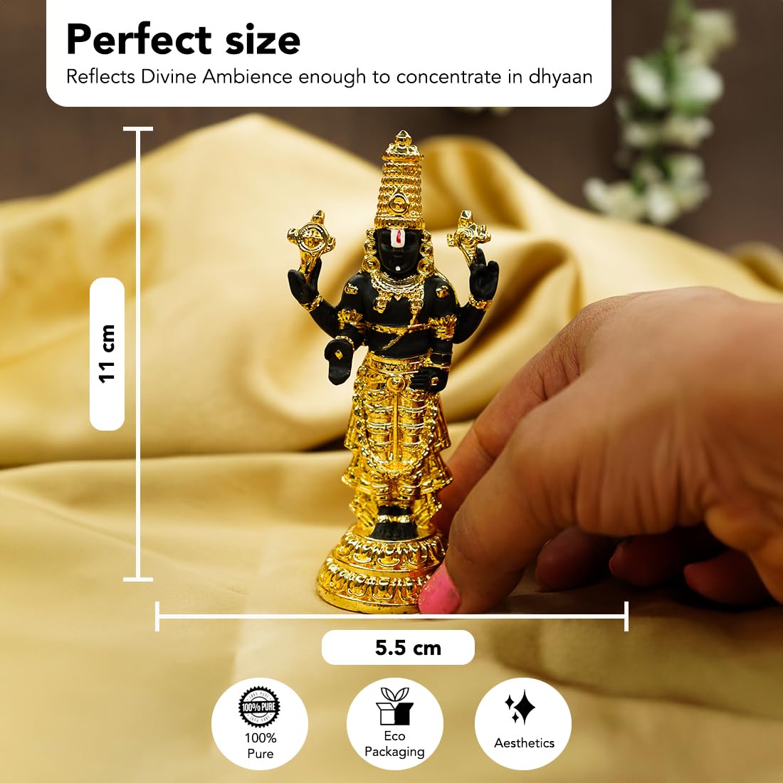 Ekhasa Tirupati Balaji Idol (Size: 11 cm) | Lord Venkateswara Idol for Car Dashboard, Pooja Room, Home Decor & Office Desk | Venkateshwara Swamy Murti | Perumal Statue | God Idols for Gifting