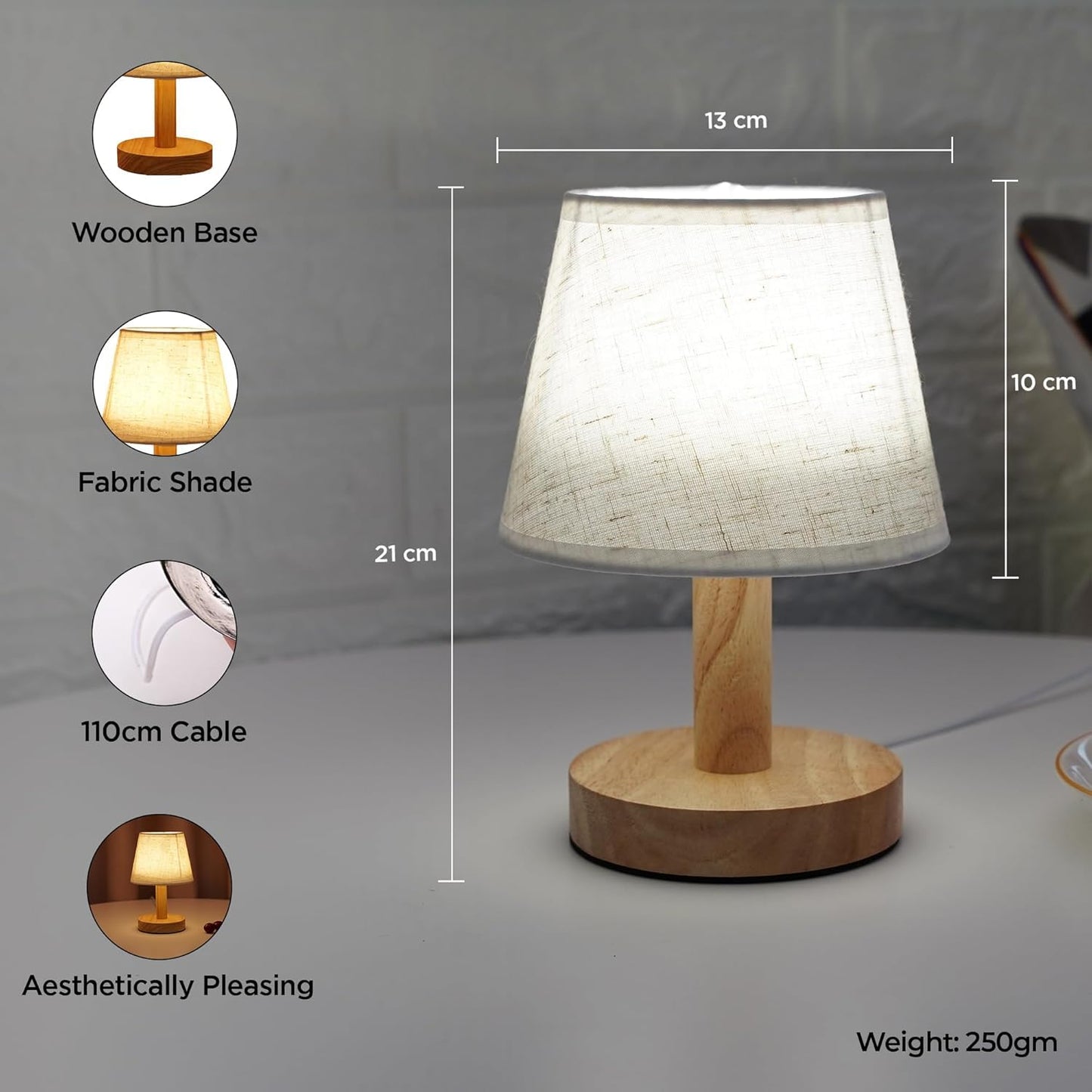 Ekhasa Wooden Dimmable Bedside Lamp | Table Lamps for Home Decoration with Fabric Shade | Wooden Base Side Table Lamp for Living Room | Bed Side Lamp | Aesthetic Night Bed Lamps for Bedroom