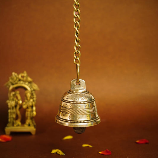 Ekhasa 100% Pure Brass Hanging Bells for Pooja Room, Mandir Decor & Home Decoration | Mandir Bells with Hanging | Decorative Temple Bell Hanging Accessories for Pooja Door (Chain & Hook Included)